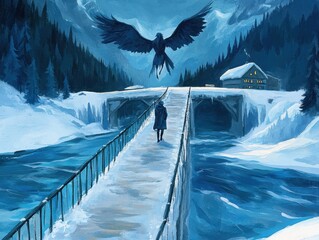 Frozen bridge lonely figure ominous raven above