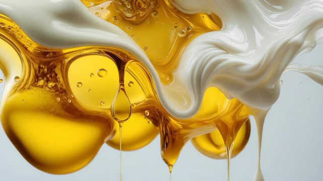 Close-up of droplets descending against a background.