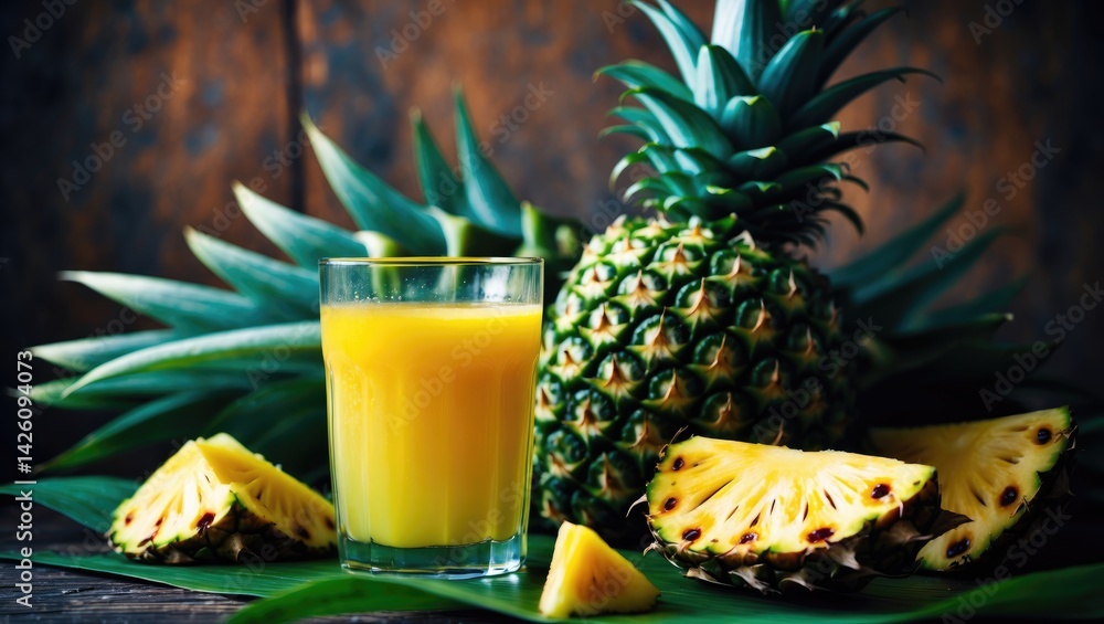 Poster pineapple slices and juice displayed on a table