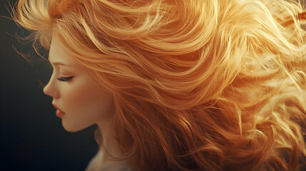 Woman with flowing blonde hair, profile view, dark background, beauty and haircare concept