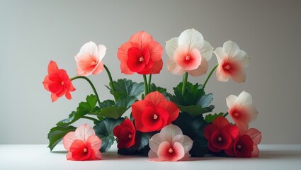 Begonia blooms showcase vibrant, ornamental flowers with colorful petals and lush, glossy leaves.