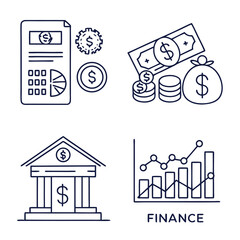 Finance Web Icon Set in Line Style – Money and Payment Icons for Web and Mobile Apps Featuring Banking, Financial Reports, Business, Coins, and More – Vector Illustration