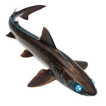 lanternshark Fish in transparent background.Stunning Closeup of a Black Dogfish Shark with Vibrant Blue Eyes on Transparent background