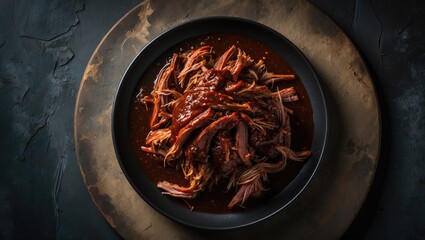 Classic barbecue pulled beef served in spicy chili sauce on a rustic board with space for text