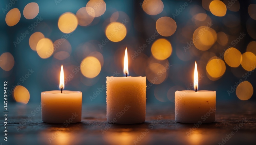 Poster three lit candlelights with abstract blurred bokeh light background