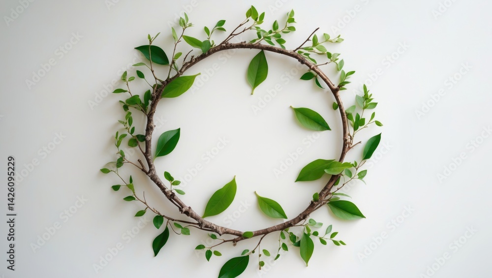 Poster twig and green leaf frame set against a natural background