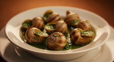 Fototapeta premium Delicate Escargots Served In Rich Garlic Herb Butter On White Plate
