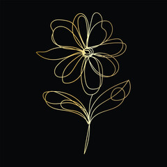 Elegant Gold Line Art Flower on Black Background Botanical Illustration