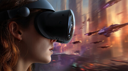Woman wearing VR headset, experiencing futuristic cityscape and spaceship flight simulation, showcasing immersive virtual reality technology and gaming