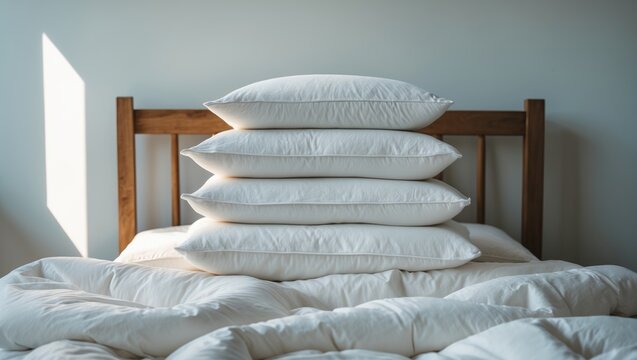 Stack of fresh bedding including blankets, linen, cotton sheets, cushions, and duvet on chair after laundry with space for text