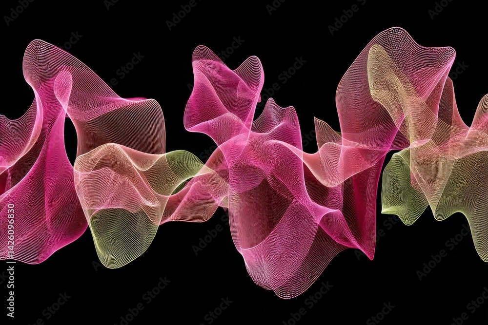 Fototapete Colorful wave patterns move gracefully across a black background, creating a mesmerizing visual display of flowing shapes and textures