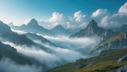 Misty summer landscape of mountain range in a national park with sunny morning Alps scene and natural beauty background using Orton Effect
