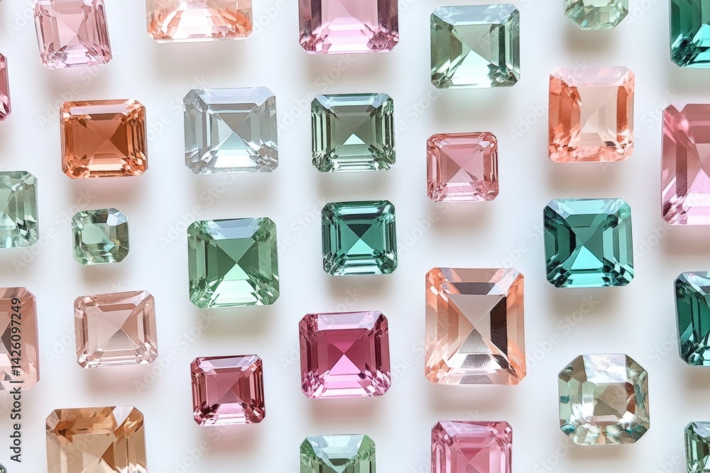 Poster beautiful collection of cut gemstones arranged in various colors and shapes displayed on a white bac