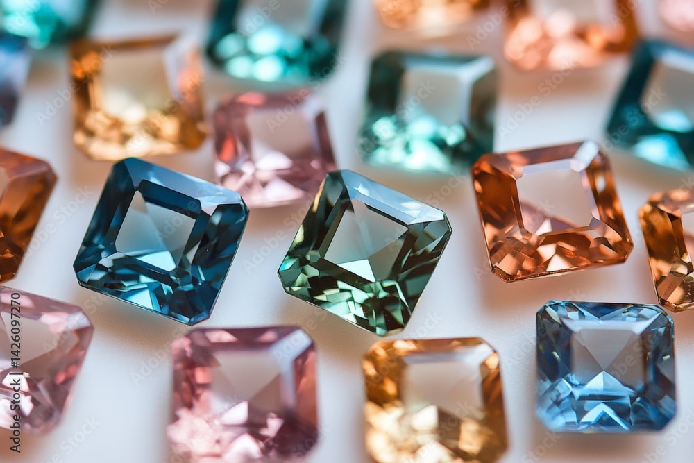 Poster colorful square-shaped gemstones arranged in an artistic display showcasing various hues and brillia