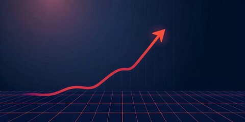 A red upward trending arrow on a grid against a dark blue background indicating growth trend
