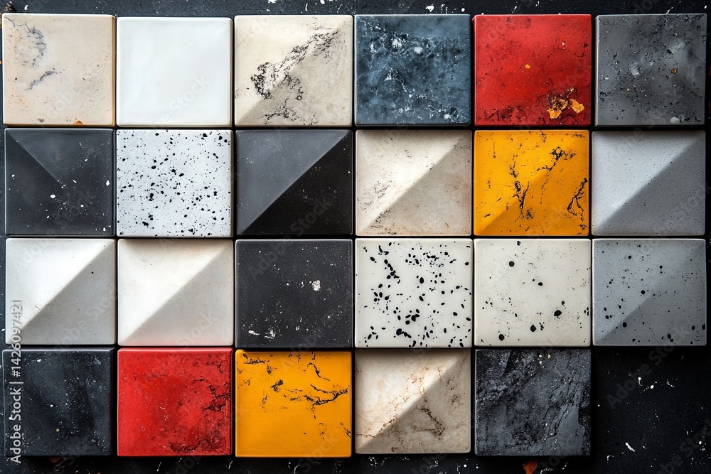 Poster Colorful textured tiles arranged in a geometric pattern on a dark surface