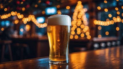 Centered pint of lager beer on a pilsner glass at a pub counter with blurred tree and blinking lights in the background