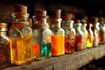 Colorful glass bottles filled with vibrant liquids on wooden shelf in rustic setting