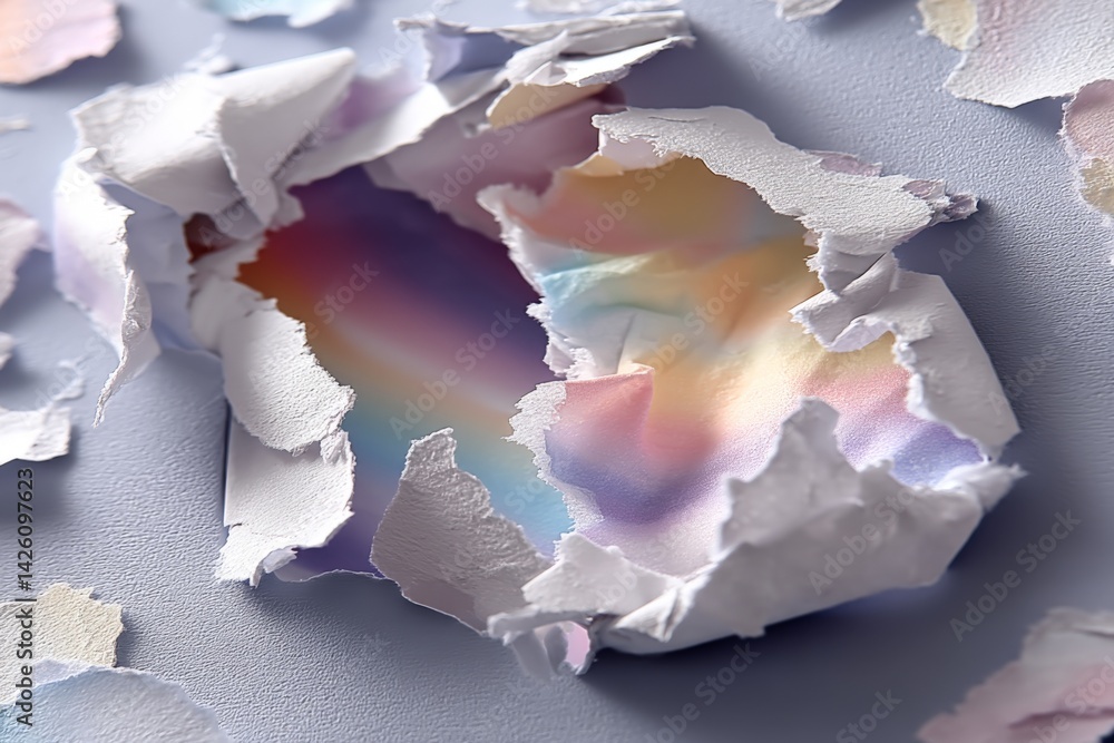 Poster colorful abstract design revealed through torn paper on a textured surface showcasing creativity and