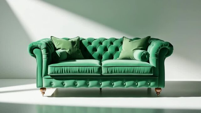 Forest green settee accompanied by pillows on wooden feet.