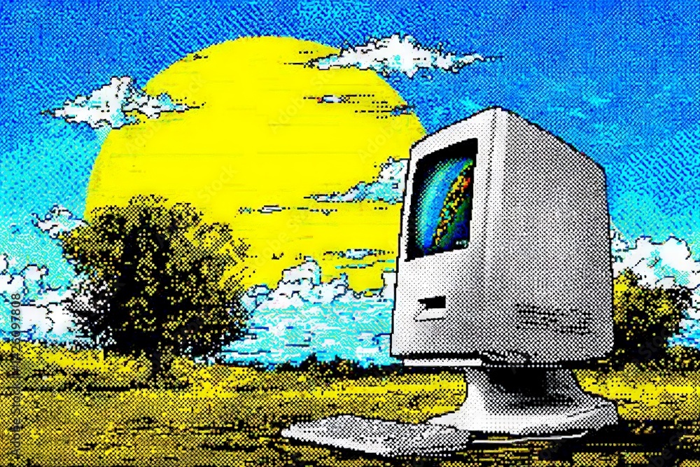 Poster surreal landscape featuring old computer beneath a vibrant sun with clouds in a digital art style