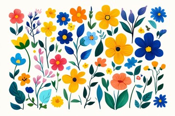 Vibrant floral arrangement showcasing various flowers and leaves in an artistic style