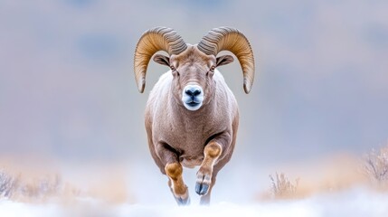 A majestic bighorn sheep running through snowy landscape, powerful and graceful movement, winter wilderness setting, and close-up composition.