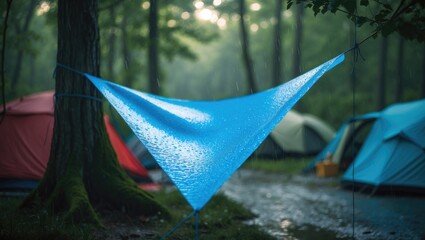 Tents set up in a forest during a rainy day for camping and tourism