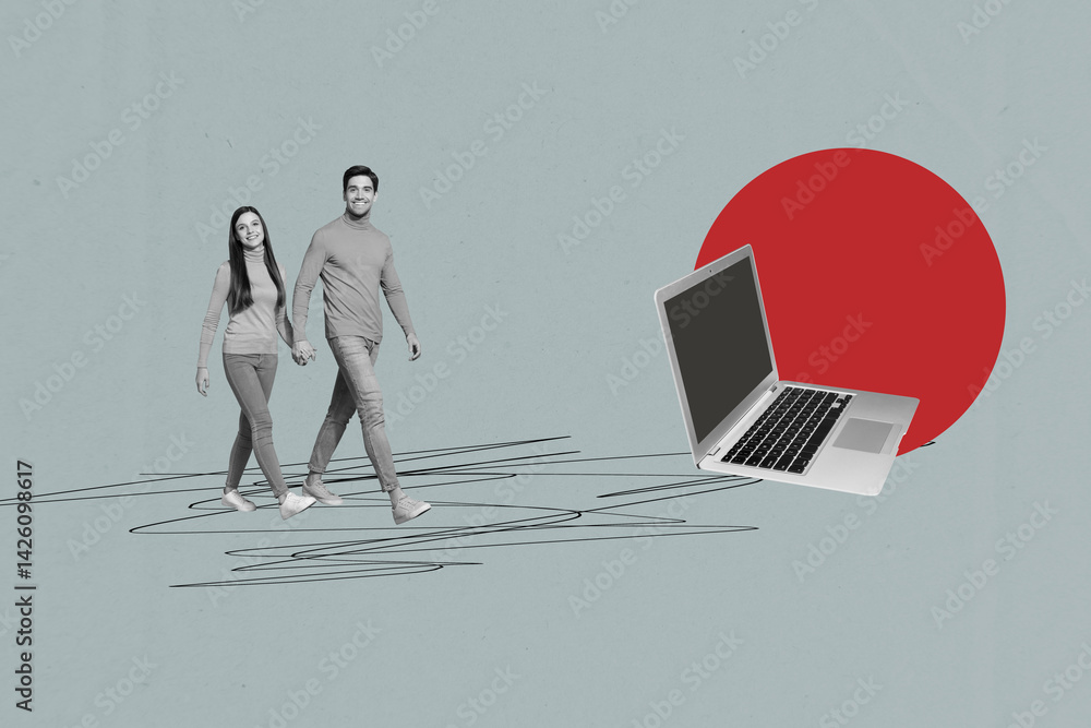 Poster trend collage of person follow walking to gadget netbook on grey color background with circle