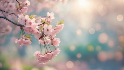 Pink cherry blossom flowers blooming against a sunny, blurred garden background with bokeh effects.