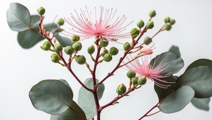 Pink eucalyptus flowers with buds and leaves isolated on white background