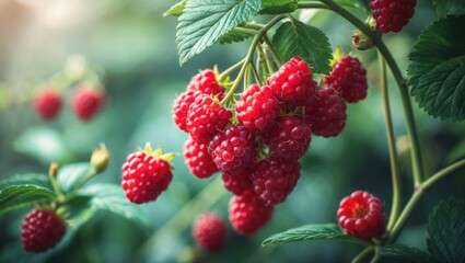 Closeup of Organic Raspberries Growing on Bushes