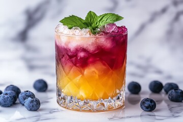 Colorful layered cocktail garnished with mint leaves and surrounded by blueberries on a marble surface