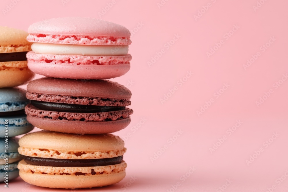 Poster colorful macarons stacked on a pastel background in a dessert display with a modern aesthetic