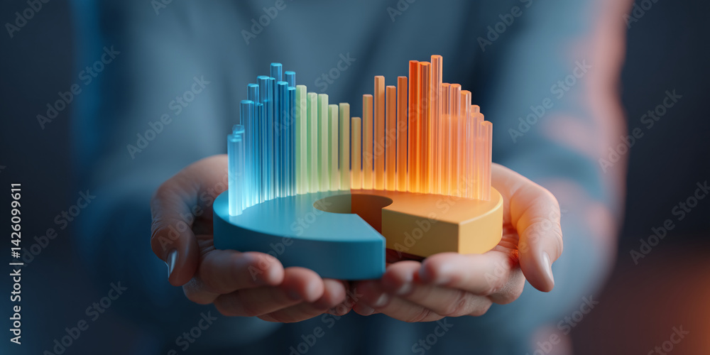 Poster hands hold illuminated bar chart, segmented pie chart base, showcasing data visualization, represent