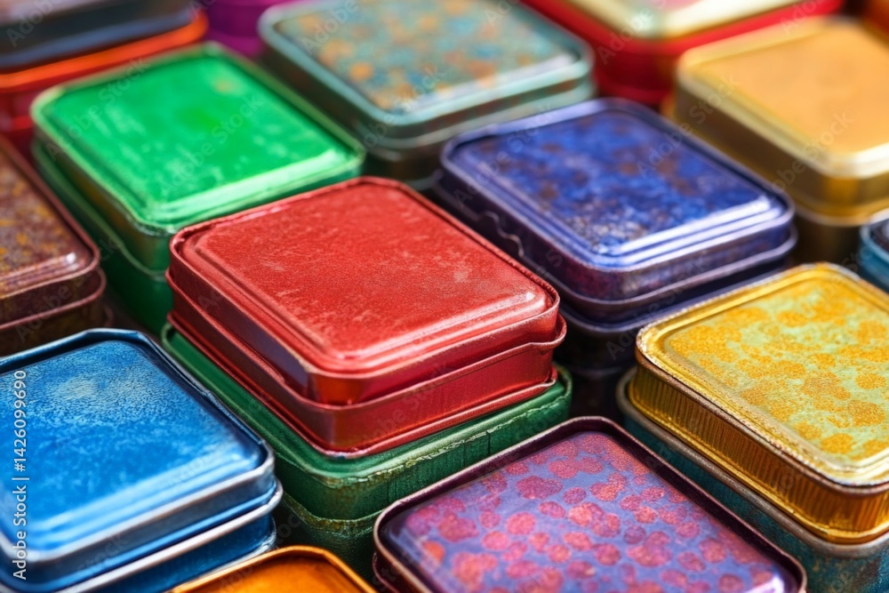 Poster colorful metal tins arranged in an artistic pattern showcasing various sizes and hues