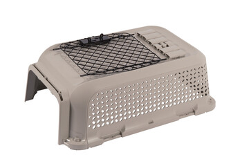 Blue plastic pet carrier with ventilation slats and an open wire door, portable travel crate for cats, small dogs, and small pets, isolated on white background.