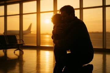 Father embracing child at airport terminal with airplane on runway during golden hour sunset