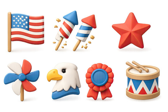 American independence day icon set – 3d style patriotic and celebration symbols for july 4th decorations, national pride, and festivities: flag, fireworks, star, eagle, ribbon, drum, pinwheel - Powered by Adobe