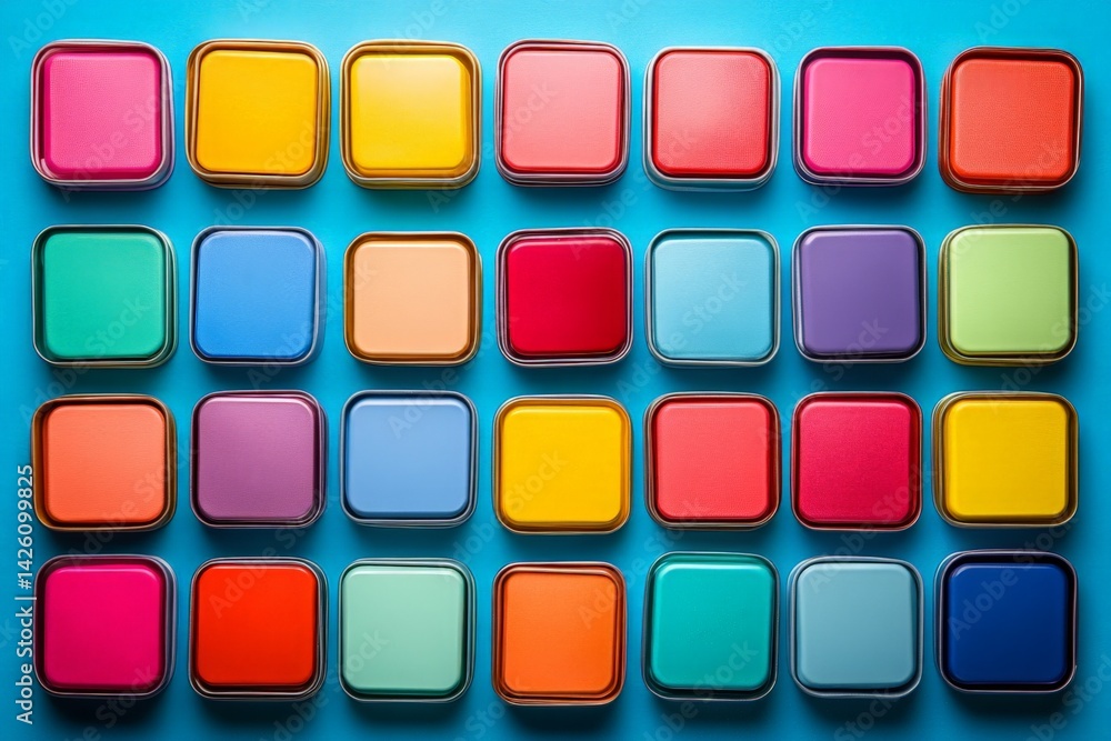 Poster colorful square containers arranged on a blue background showcasing a vibrant display of hues and sh