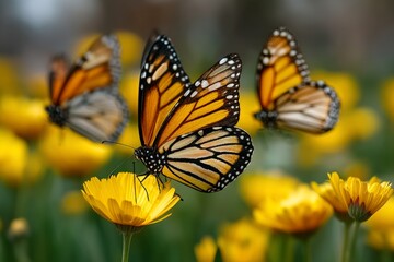 Fototapeta premium Beautiful monarch butterflies resting on vibrant yellow flowers in a sunny garden setting during springtime