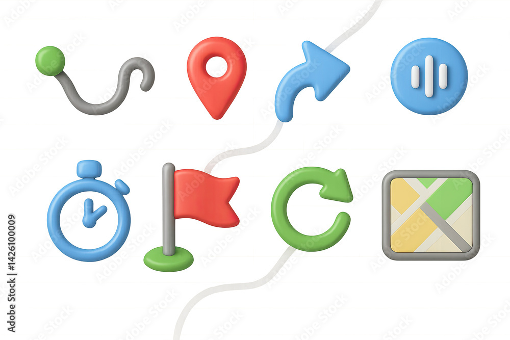 Poster navigation and location icon set – 3d style map and travel symbols for digital navigation, direction