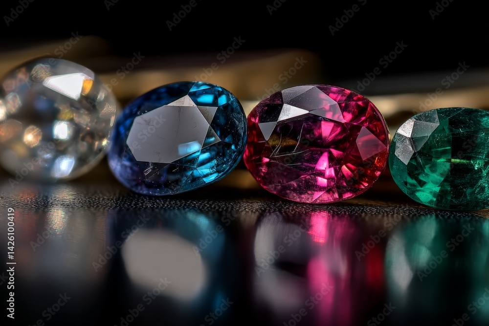 Poster colorful gems displayed on a dark surface with reflections showcasing their brilliance and clarity