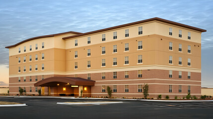 Modern beige hotel building exterior, twilight sky, empty parking lot, accommodation