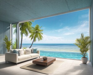 Breezy Indoor Style Bright and modern living room with ocean view. Discover the Calm of Breezy Indoor Style in Natural Light