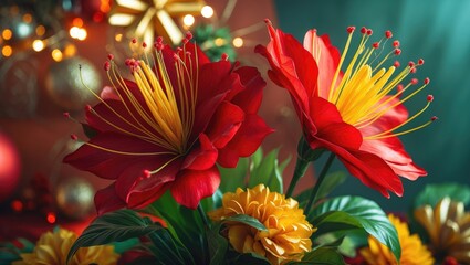 Festive background adorned with blooming red and yellow flowers