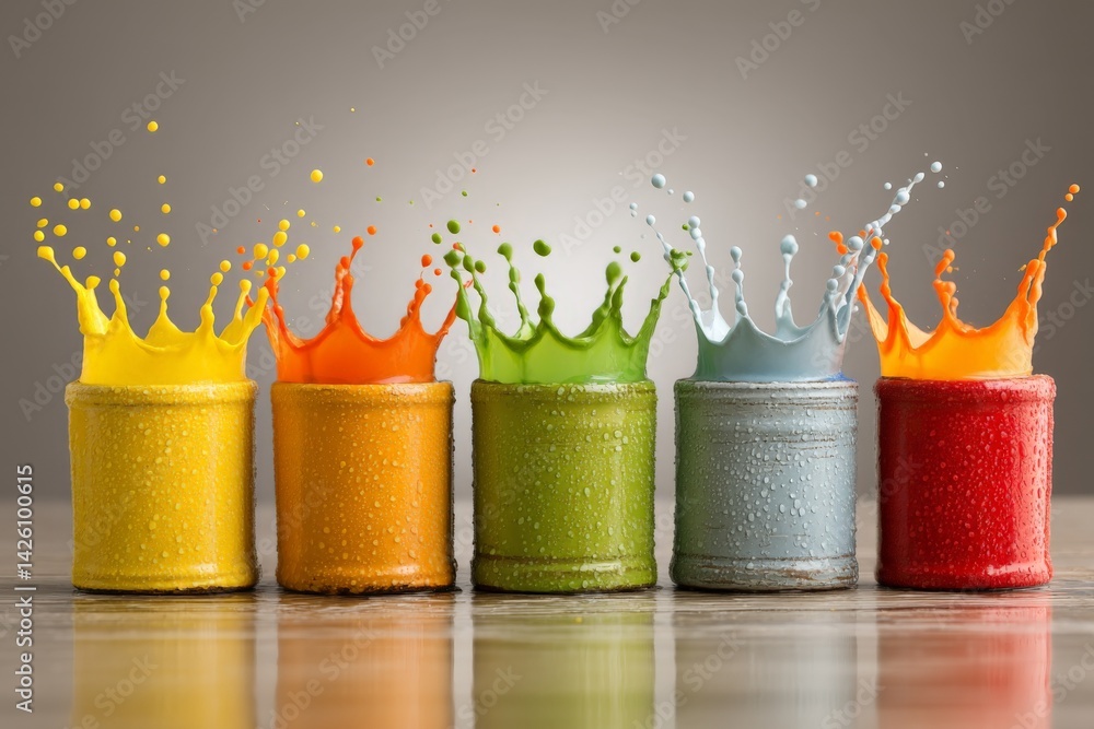 Aufkleber Colorful paint cans create splash patterns on a smooth surface in a vibrant display of creativity