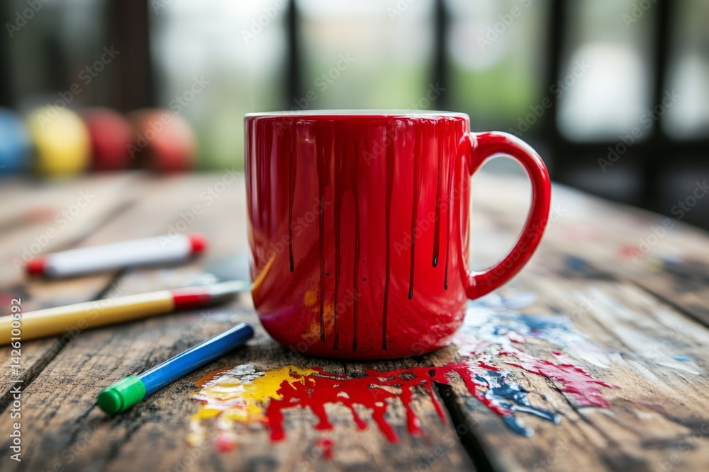 Poster bright red mug surrounded by colorful markers on a rustic wooden table in an arts and crafts setting