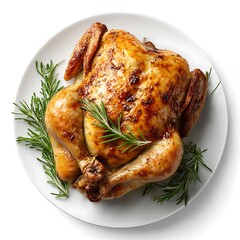 Roasted chicken with rosemary sprigs on white background