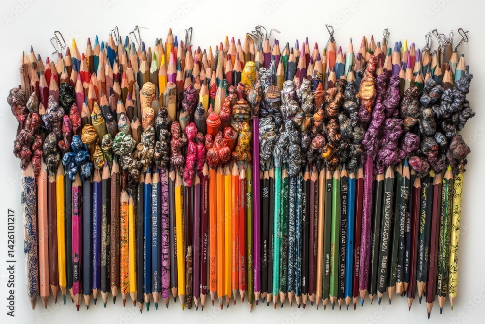 Poster colorful collection of art pencils with intricate carved details displayed on a white background